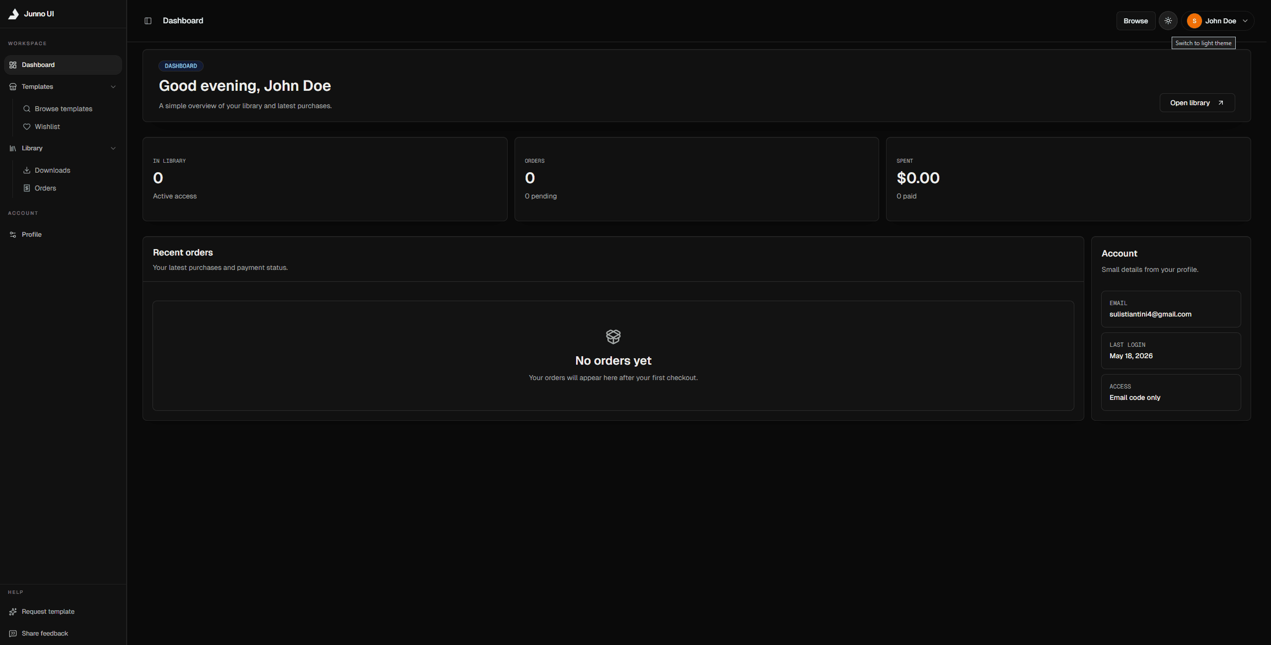 Junno UI template preview in dark mode